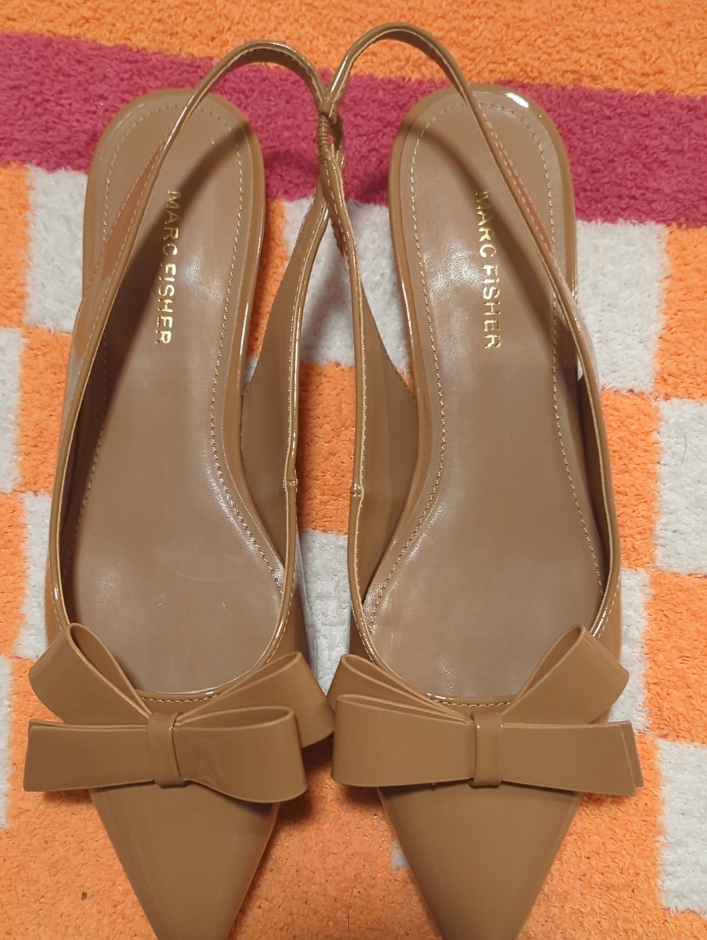 Marc Fisher Tan Pointed Slingback Flats with Bow Accent
